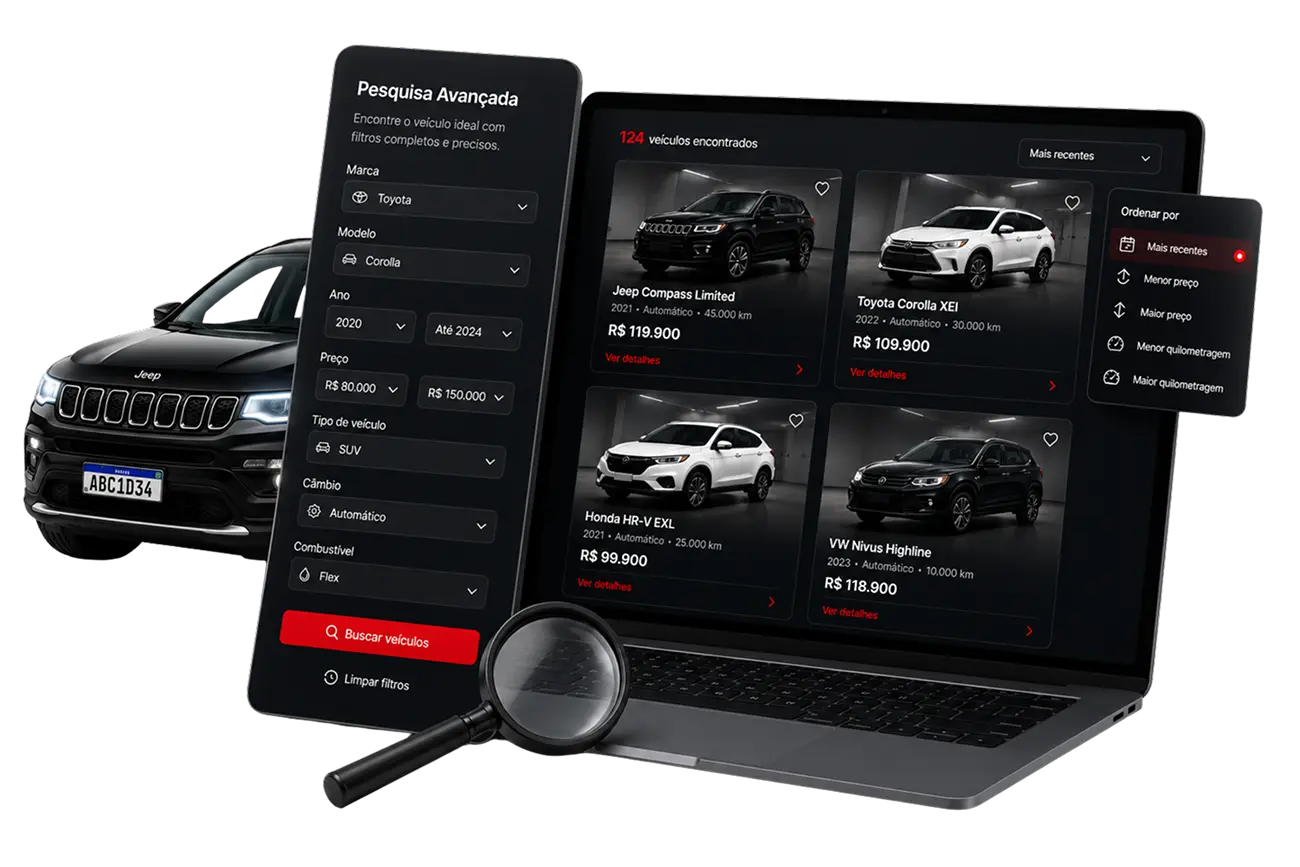 Tela de pesquisa avançada de veículos do Keep Cars